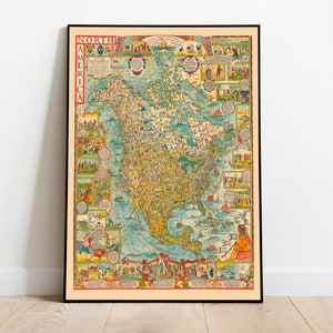 Historische Karte von Nordamerika| Gerahmtes Wandbild| Leinwand Kunst Wand-Dekor | USA Karte Wand Poster | Vintage Kunstdruck | Posterdruck