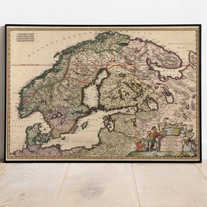 Skandinavien Karte Wandbild| 1680 Skandinavien Karte| Posterdruck | Kunstdruck auf Leinwand | Alte Karte Wand Kunst Poster | Gerahmte Landkarte als Wanddeko