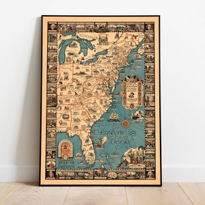 Karte des Ostens der Vereinigten Staaten| Vintage USA Karte Drucke | East Coast Map Print | Leinwand Wand Kunst | Ziehbare Landkarte