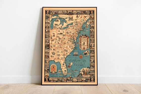 Map Of The Eastern United States Vintage Usa Map Prints East Etsy