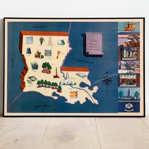 Historical Map of Louisiana| 1938 Louisiana Map Wall Print| Canvas Wall Art| Vintage Poster| Framed Art Print| Poster Print
