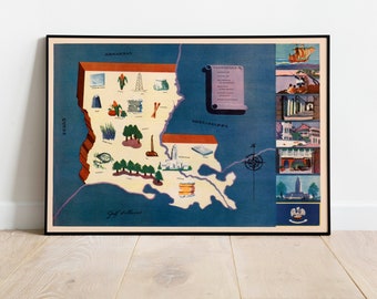 Historical Map of Louisiana| 1938 Louisiana Map Wall Print| Canvas Wall Art| Vintage Poster| Framed Art Print| Poster Print