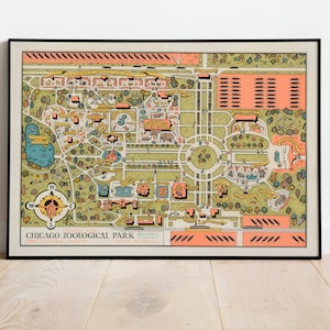 Carte illustrée du parc zoologique de Chicago| Art mural de Chicago| Impression sur toile enveloppée| Impression d’affiche| Affiche vintage| Impression d’art mural