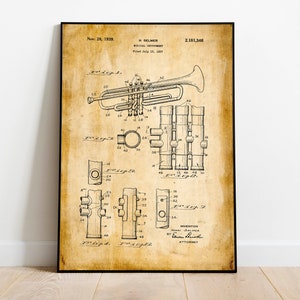 Trumpet Patent Print| Framed Art Print| Vintage Poster Wall Decor| Art Canvas| Wall Poster| Wall Art Prints| Wall Prints