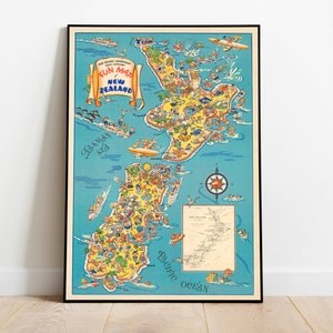 Neuseeland Karte Print| Kunstgeschichte| 1938 Neuseeland Karte Wand Kunst| Gerahmte Wandkunst| Leinwandbild | Poster Kunst| Drucke Wandkunst| Landkarte Wandbilder