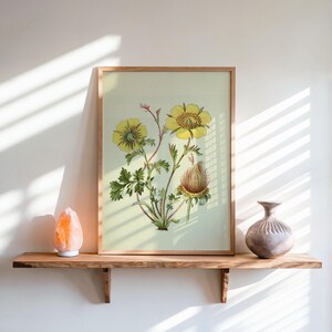 May include: A framed botanical print featuring yellow flowers with green leaves and stems. The print is displayed on a wooden shelf with a Himalayan salt lamp and a decorative vase. The frame is made of light-colored wood.