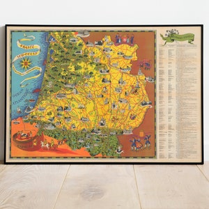 Mapa de Francia Sud Ouest/ Decoración de pared de mapa antiguo/ Arte de pared de mapa vintage / Impresión de póster / Impresión de arte enmarcado / Mapa de impresión de lienzo