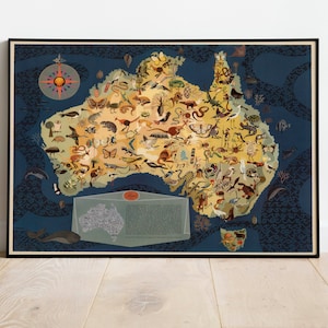 Tiere von Australien Karte Print für Wand-Dekor | Australien Karte Wandbild | Tierkarte Karte Poster | Kunstdruck auf Leinwand | Poster Vintage