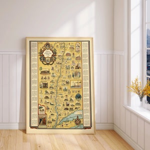 Kaart van de Hudson River Valley 1937| Muurafdruk oude kaart Hudson Valley| Posterkunst aan de muur| Muurkunst canvasafdruk| Vintage kaart muurposter
