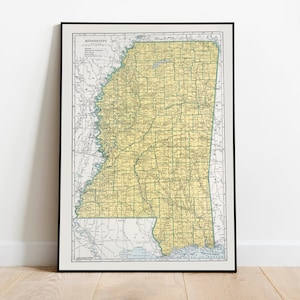 Vintage Mississippi Map Print| Mississippi Canvas Wall Art| Old Map Mississippi Poster| Mississippi Wall Print| The Magnolia State