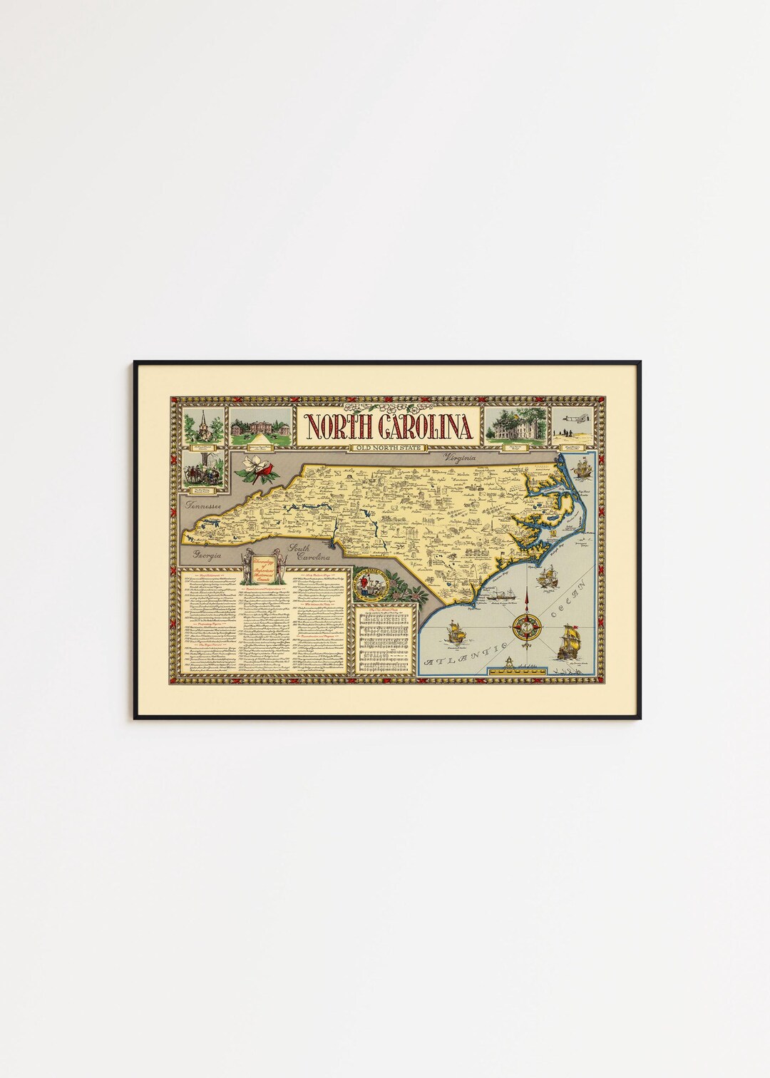 Vintage North Carolina Map Art Print: Detailed Wall Decor - Etsy