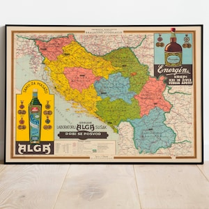 Carte couleur du Royaume de Yougoslavie| Impression d'art mural encadré | Impression de carte vintage| Affiche de la carte murale des Balkans| Décoration murale en toile