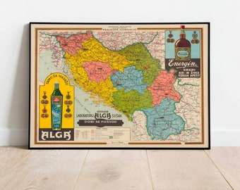 Color Map of Kingdom of Yugoslavia| Framed Wall Art Print| Vintage Map Print| Balkans Wall Map Poster| Canvas Wall Art