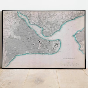 Impressão do mapa de Istambul| Impressões de belas artes | Arte da parede do mapa de Istambul de 1840 | Arte de parede emoldurada | Arte em tela | Arte do pôster | Impressões de arte de parede | Arte do mapa da cidade