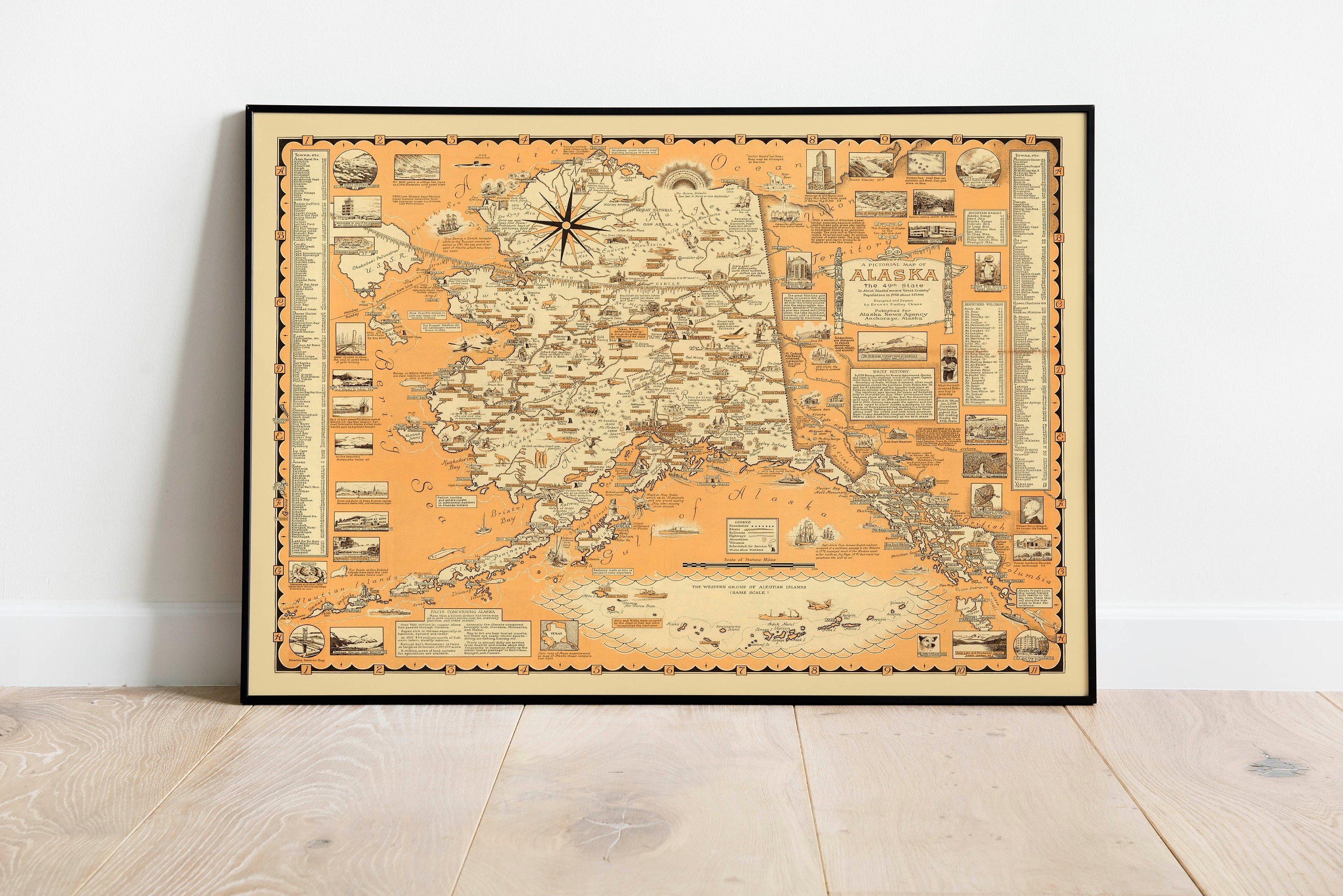 Map Home Decor Alaska Vintage Map Black Framed Wall Art Print