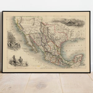 Historische Karte von Mexiko, Kalifornien und Texas| Alte Karte Wanddekor | Vintage Karte Wandkunst | Posterdruck | Gerahmter Kunstdruck | Wandbild Map