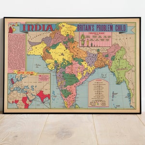 Indien Landkarte Print| Kunstgeschichte| 1946 Indien Karte Wand Kunst| Gerahmte Wandkunst| Leinwandbild | Poster Kunst| Drucke Wandkunst| Landkarte Wandbilder