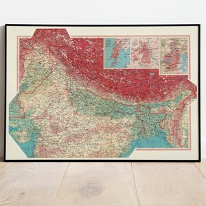 Geographische Karte von Nordindien| Karte Wanddeko | Vintage Karte Wandkunst| Posterdruck | Karte Wandbild | Gerahmter Kunstdruck| Leinwanddruck Karte
