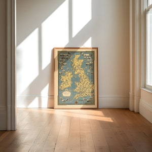 Mapa pictórico de las Islas Británicas / Arte de la pared de Gran Bretaña / Impresión de lienzo / Impresión de póster enmarcado / Arte de la pared del mapa antiguo / Arte de la pared de Inglaterra