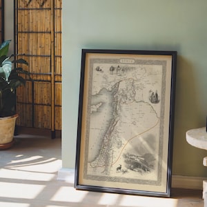 May include: A framed antique map of Syria, displaying detailed geographical features and historical illustrations. The map is in a black frame, leaning against a pale green wall. A potted plant and a bamboo screen are in the background.