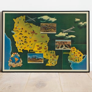 Mapa pictórico de Bolivia Paraguay y Uruguay/ Mapa antiguo Impresión de arte mural/ Impresión de arte enmarcado/ Lienzo de pared de mapa vintage/ Impresión de pared/ Impresión de póster