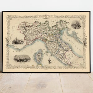 Norditalien Karte Poster | Vintage Landkarte Italien| Italien Karte Wandbilder| Kunstdruck auf Leinwand | Pull Down Karte| Gerahmte Landkarte Drucke