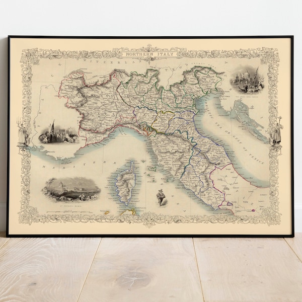 Northern Italy Map Poster| Vintage Map Italy| Italy Map Wall Prints| Canvas Print Wall Art| Pull Down Map| Framed Map Prints