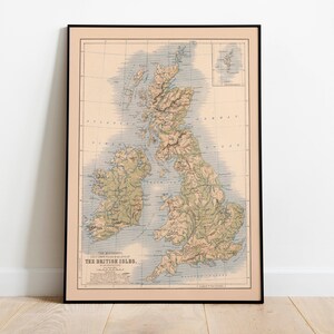 Kaart van bergen, meren en valleien van de Britse eilanden 1852| Kaart Muur Decor| Kaart kunst aan de muur| Affichedruk| Ingelijste kunstdruk| Kaart op doek