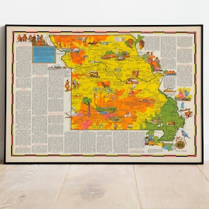 Bunte bildliche Karte von Missouri 1937| Alte Karte Wand Kunstdruck | Gerahmter Kunstdruck| Vintage Karte Wand Leinwand| Wandbild| Posterdruck