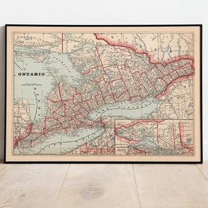 1893 Impresión de mapas de Ontario/ Impresión de lienzo Arte de pared / Mapas vintage de Canadá para decoración de paredes / Póster de mapas de Ontario / Mapas de pared / Mapa desplegable
