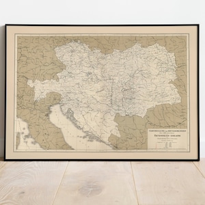Mapa del Imperio Austria-Hungría 1887/ Decoración de pared de mapa antiguo/ Arte de pared de mapa vintage / Impresión de póster / Impresión de arte enmarcado / Mapa de impresión de lienzo