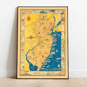New Jersey Map Wall Print | 1939 New Jersey Karte| Posterdruck | Kunstdruck auf Leinwand | Alte Karte Wand Kunst Poster | Gerahmte Landkarte als Wanddeko