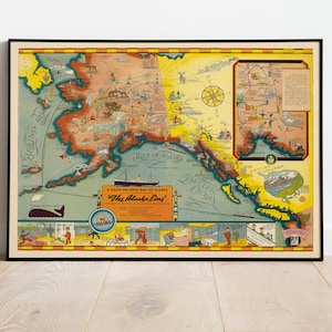 Bebilderte Landkarte von Alaska| Home Wand Kunst Druck| Alaska Wandkunst | Bild auf Leinwand | Pull Down Karte| Poster Vintage| Vintage Karte Art