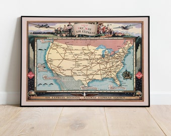 Airways Map Print of United States| USA Wall Art Print| USA Canvas Wall Art| Vintage United States Poster| USA Wall Decor