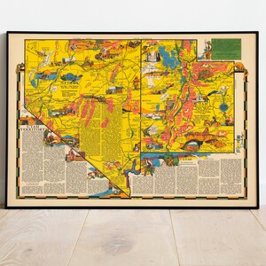 Bunte bildliche Karte von Utah und Nevada 1937| Alte Karte Wand Kunstdruck | Gerahmter Kunstdruck| Vintage Karte Wand Leinwand| Wandbild| Posterdruck