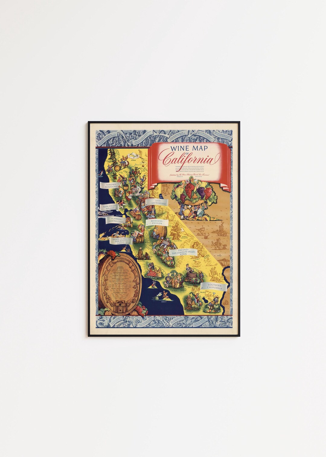 California Wine Map Art Print: Vintage Kitchen Wall Decor - Etsy
