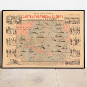Farbkarte von Spanisch-Amerikanischem Krieg 1898| Alte Karte Wanddeko | Vintage Karte Wandkunst| Posterdruck | Gerahmter Kunstdruck| Leinwanddruck Karte