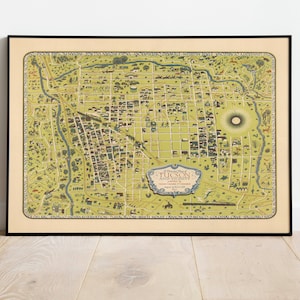 Dekorative Karte von Tucson und Umgebung| Home Wandbild| Leinwandbild | Tucson Wandkunst| Vintage Karte | Wanddeko Poster