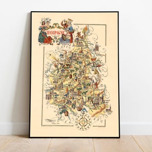 Mapa decorativo de la región de Champaña, Francia/Arte de mapa vintage/Arte de pared en lienzo/Impresión de pared del hogar/Póster de decoración de pared