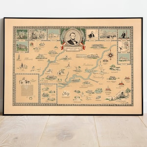 Une carte illustrée de la vie d'Abraham Lincoln | Impression d’art de reproduction vintage pour l’art mural| Toile d'emballage de galerie pour décoration murale