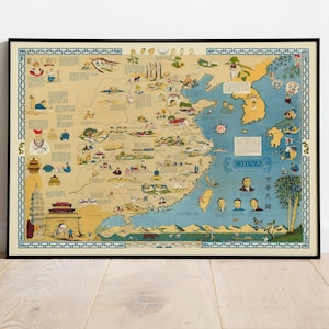 Bildliche Landkarte von China| China Karte Wandkunst| Leinwanddruck Wanddeko | China Wandbild Karte| Vintage Karte Poster | Pull Down Map