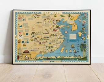 Pictorial Map of China| China Map Wall Art| Canvas Print Wall Decor| China Wall Print Map| Vintage Map Poster| Pull Down Map