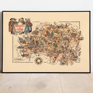 Karte von Departement Provinzen du Centre, Frankreich| Frankreich Wandkunst| Vintage Frankreich Karte Print | Leinwanddruck auf Keilrahmen| Home Wanddeko Poster