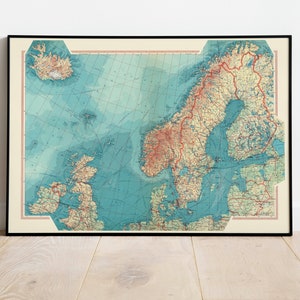 Karte von Nordeuropa| Alte Karte Wanddeko | Vintage Karte Wandkunst| Posterdruck | Karte Wandbild | Gerahmter Kunstdruck| Leinwanddruck Karte