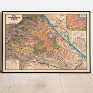 Carte de Vienne 1895| Impression d’art encadrée| Impression d’affiche| Autriche Cartes Décoration murale| Décor mural imprimé sur toile| Affiche de carte murale| Art de l’affiche