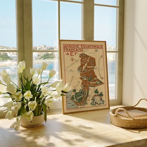 Póster del mapa de África Ecuatorial Francesa/ Congo, Gabón y Chad Impresión de pared de mapa antiguo/ Arte de pared de lienzo de África/ Póster de mapa vintage