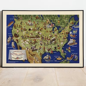 Amerikanische Folklore Legends Karte Print | Leinwandbild | Vintage USA Karte Poster | Pull Down Karte| Home Wand Kunst Druck| Poster Art