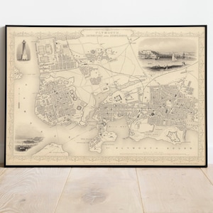 Plymouth Map Print | Fine Art Prints| 1851 Plymouth Karte Wandkunst| Gerahmte Kunst| Leinwandbild | Poster Kunst| Drucke Wandkunst| Stadt Karte Wandbilder