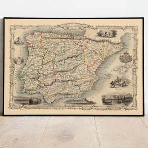 Affiche de carte d’Espagne et du Portugal| carte vintage Espagne| Impressions murales de carte du Portugal| Art mural d’impression sur toile| Carte déroulante