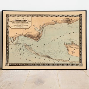 Kaart van Pensacola Bay 1869| Oude kaarten van Florida| Posterafdruk| Kunst canvas wanddecoratie| Vintage kaart muurprint | Kaartafdruk voor wanddecoratie